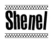 The clipart image displays the text Shenel in a bold, stylized font. It is enclosed in a rectangular border with a checkerboard pattern running below and above the text, similar to a finish line in racing. 