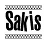 The image is a black and white clipart of the text Sakis in a bold, italicized font. The text is bordered by a dotted line on the top and bottom, and there are checkered flags positioned at both ends of the text, usually associated with racing or finishing lines.