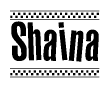 The image is a black and white clipart of the text Shaina in a bold, italicized font. The text is bordered by a dotted line on the top and bottom, and there are checkered flags positioned at both ends of the text, usually associated with racing or finishing lines.
