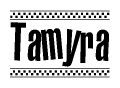 The image contains the text Tamyra in a bold, stylized font, with a checkered flag pattern bordering the top and bottom of the text.