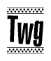 The image contains the text Twg in a bold, stylized font, with a checkered flag pattern bordering the top and bottom of the text.