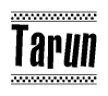 The image contains the text Tarun in a bold, stylized font, with a checkered flag pattern bordering the top and bottom of the text.