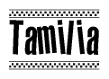 The image is a black and white clipart of the text Tamilia in a bold, italicized font. The text is bordered by a dotted line on the top and bottom, and there are checkered flags positioned at both ends of the text, usually associated with racing or finishing lines.