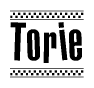 The clipart image displays the text Torie in a bold, stylized font. It is enclosed in a rectangular border with a checkerboard pattern running below and above the text, similar to a finish line in racing. 