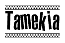 The image contains the text Tamekia in a bold, stylized font, with a checkered flag pattern bordering the top and bottom of the text.