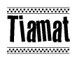 The image is a black and white clipart of the text Tiamat in a bold, italicized font. The text is bordered by a dotted line on the top and bottom, and there are checkered flags positioned at both ends of the text, usually associated with racing or finishing lines.