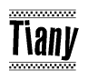 The image is a black and white clipart of the text Tiany in a bold, italicized font. The text is bordered by a dotted line on the top and bottom, and there are checkered flags positioned at both ends of the text, usually associated with racing or finishing lines.