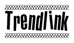 The image is a black and white clipart of the text Trendlink in a bold, italicized font. The text is bordered by a dotted line on the top and bottom, and there are checkered flags positioned at both ends of the text, usually associated with racing or finishing lines.