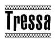 The image is a black and white clipart of the text Tressa in a bold, italicized font. The text is bordered by a dotted line on the top and bottom, and there are checkered flags positioned at both ends of the text, usually associated with racing or finishing lines.
