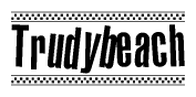 The image contains the text Trudybeach in a bold, stylized font, with a checkered flag pattern bordering the top and bottom of the text.