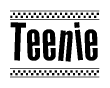 The image is a black and white clipart of the text Teenie in a bold, italicized font. The text is bordered by a dotted line on the top and bottom, and there are checkered flags positioned at both ends of the text, usually associated with racing or finishing lines.