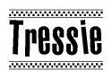 The image is a black and white clipart of the text Tressie in a bold, italicized font. The text is bordered by a dotted line on the top and bottom, and there are checkered flags positioned at both ends of the text, usually associated with racing or finishing lines.