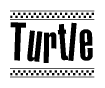 The image is a black and white clipart of the text Turtle in a bold, italicized font. The text is bordered by a dotted line on the top and bottom, and there are checkered flags positioned at both ends of the text, usually associated with racing or finishing lines.