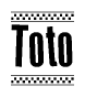 The image contains the text Toto in a bold, stylized font, with a checkered flag pattern bordering the top and bottom of the text.