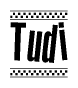 The image contains the text Tudi in a bold, stylized font, with a checkered flag pattern bordering the top and bottom of the text.