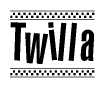 The image is a black and white clipart of the text Twilla in a bold, italicized font. The text is bordered by a dotted line on the top and bottom, and there are checkered flags positioned at both ends of the text, usually associated with racing or finishing lines.