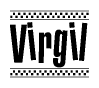The clipart image displays the text Virgil in a bold, stylized font. It is enclosed in a rectangular border with a checkerboard pattern running below and above the text, similar to a finish line in racing. 