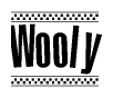 The image contains the text Wooly in a bold, stylized font, with a checkered flag pattern bordering the top and bottom of the text.