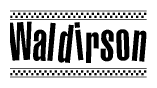The image is a black and white clipart of the text Waldirson in a bold, italicized font. The text is bordered by a dotted line on the top and bottom, and there are checkered flags positioned at both ends of the text, usually associated with racing or finishing lines.