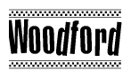 The image contains the text Woodford in a bold, stylized font, with a checkered flag pattern bordering the top and bottom of the text.