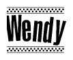 The image contains the text Wendy in a bold, stylized font, with a checkered flag pattern bordering the top and bottom of the text.