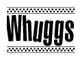 The image contains the text Whuggs in a bold, stylized font, with a checkered flag pattern bordering the top and bottom of the text.