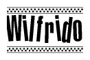 The image contains the text Wilfrido in a bold, stylized font, with a checkered flag pattern bordering the top and bottom of the text.