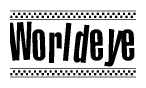 The image is a black and white clipart of the text Worldeye in a bold, italicized font. The text is bordered by a dotted line on the top and bottom, and there are checkered flags positioned at both ends of the text, usually associated with racing or finishing lines.