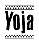 The image contains the text Yoja in a bold, stylized font, with a checkered flag pattern bordering the top and bottom of the text.