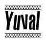 The image contains the text Yuval in a bold, stylized font, with a checkered flag pattern bordering the top and bottom of the text.