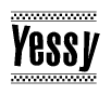 The image contains the text Yessy in a bold, stylized font, with a checkered flag pattern bordering the top and bottom of the text.