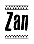 The image is a black and white clipart of the text Zan in a bold, italicized font. The text is bordered by a dotted line on the top and bottom, and there are checkered flags positioned at both ends of the text, usually associated with racing or finishing lines.