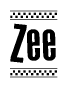 The image is a black and white clipart of the text Zee in a bold, italicized font. The text is bordered by a dotted line on the top and bottom, and there are checkered flags positioned at both ends of the text, usually associated with racing or finishing lines.