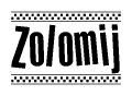 The image is a black and white clipart of the text Zolomij in a bold, italicized font. The text is bordered by a dotted line on the top and bottom, and there are checkered flags positioned at both ends of the text, usually associated with racing or finishing lines.