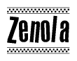 The clipart image displays the text Zenola in a bold, stylized font. It is enclosed in a rectangular border with a checkerboard pattern running below and above the text, similar to a finish line in racing. 