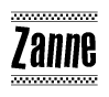 The image contains the text Zanne in a bold, stylized font, with a checkered flag pattern bordering the top and bottom of the text.
