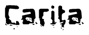 This nametag says Carita, and has a static looking effect at the bottom of the words. The words are in a stylized font.