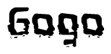 This nametag says Gogo, and has a static looking effect at the bottom of the words. The words are in a stylized font.