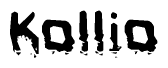 This nametag says Kollio, and has a static looking effect at the bottom of the words. The words are in a stylized font.
