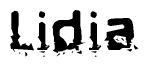 This nametag says Lidia, and has a static looking effect at the bottom of the words. The words are in a stylized font.