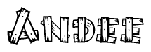 The clipart image shows the name Andee stylized to look like it is constructed out of separate wooden planks or boards, with each letter having wood grain and plank-like details.