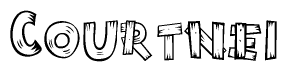 The image contains the name Courtnei written in a decorative, stylized font with a hand-drawn appearance. The lines are made up of what appears to be planks of wood, which are nailed together