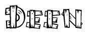 The image contains the name Deen written in a decorative, stylized font with a hand-drawn appearance. The lines are made up of what appears to be planks of wood, which are nailed together