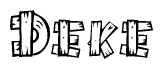   The clipart image shows the name Deke stylized to look as if it has been constructed out of wooden planks or logs. Each letter is designed to resemble pieces of wood. 