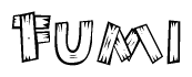 The image contains the name Fumi written in a decorative, stylized font with a hand-drawn appearance. The lines are made up of what appears to be planks of wood, which are nailed together