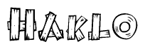 The clipart image shows the name Haklo stylized to look as if it has been constructed out of wooden planks or logs. Each letter is designed to resemble pieces of wood.