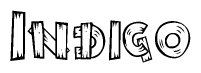 The image contains the name Indigo written in a decorative, stylized font with a hand-drawn appearance. The lines are made up of what appears to be planks of wood, which are nailed together