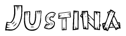 The clipart image shows the name Justina stylized to look like it is constructed out of separate wooden planks or boards, with each letter having wood grain and plank-like details.