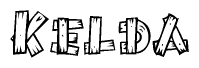 The image contains the name Kelda written in a decorative, stylized font with a hand-drawn appearance. The lines are made up of what appears to be planks of wood, which are nailed together
