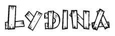 The image contains the name Lydina written in a decorative, stylized font with a hand-drawn appearance. The lines are made up of what appears to be planks of wood, which are nailed together